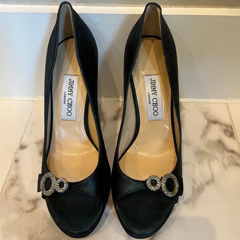 Jimmy Choo Forest GreenSatin OpenToed Pumps Gem